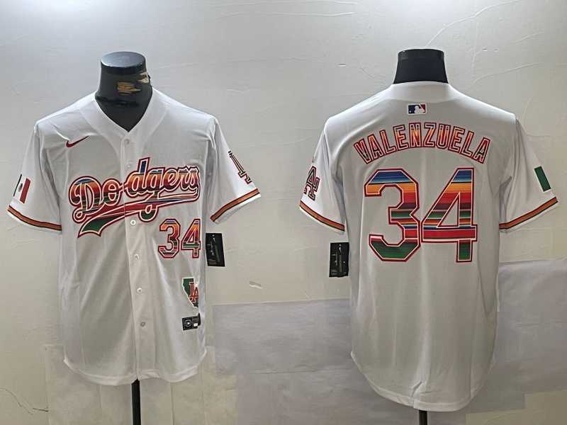 Mens Los Angeles Dodgers #34 Fernando Valenzuela White Rainbow Mexico Cool Base Stitched Fashion Jersey